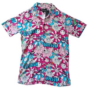 Reason Psychedelic‎ Daisy Cartoon Graphic button up Casual Short Sleeve Shirt